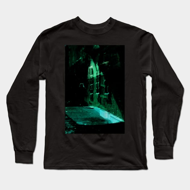 Special processing. Person walking at night, on dark street, with stone walls. Green. Long Sleeve T-Shirt by 234TeeUser234